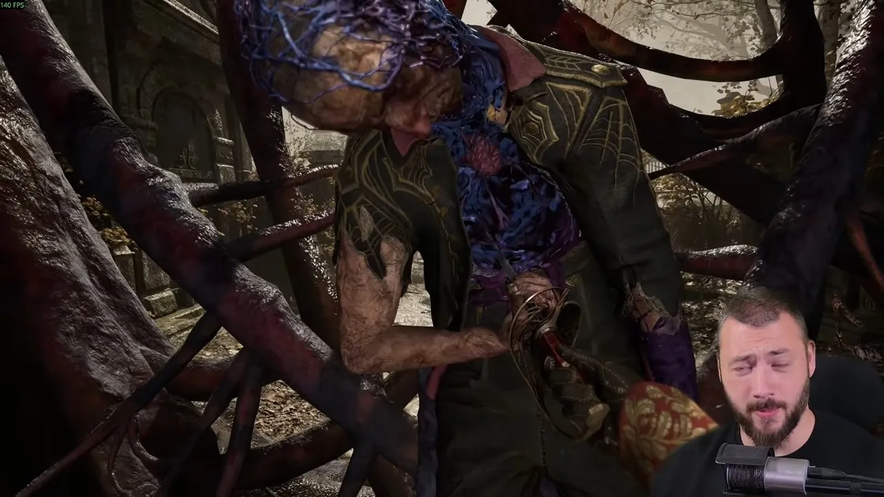 Valor Mortis weapons Rapier being pulled from a corpse held by growths at the graveyard path's end