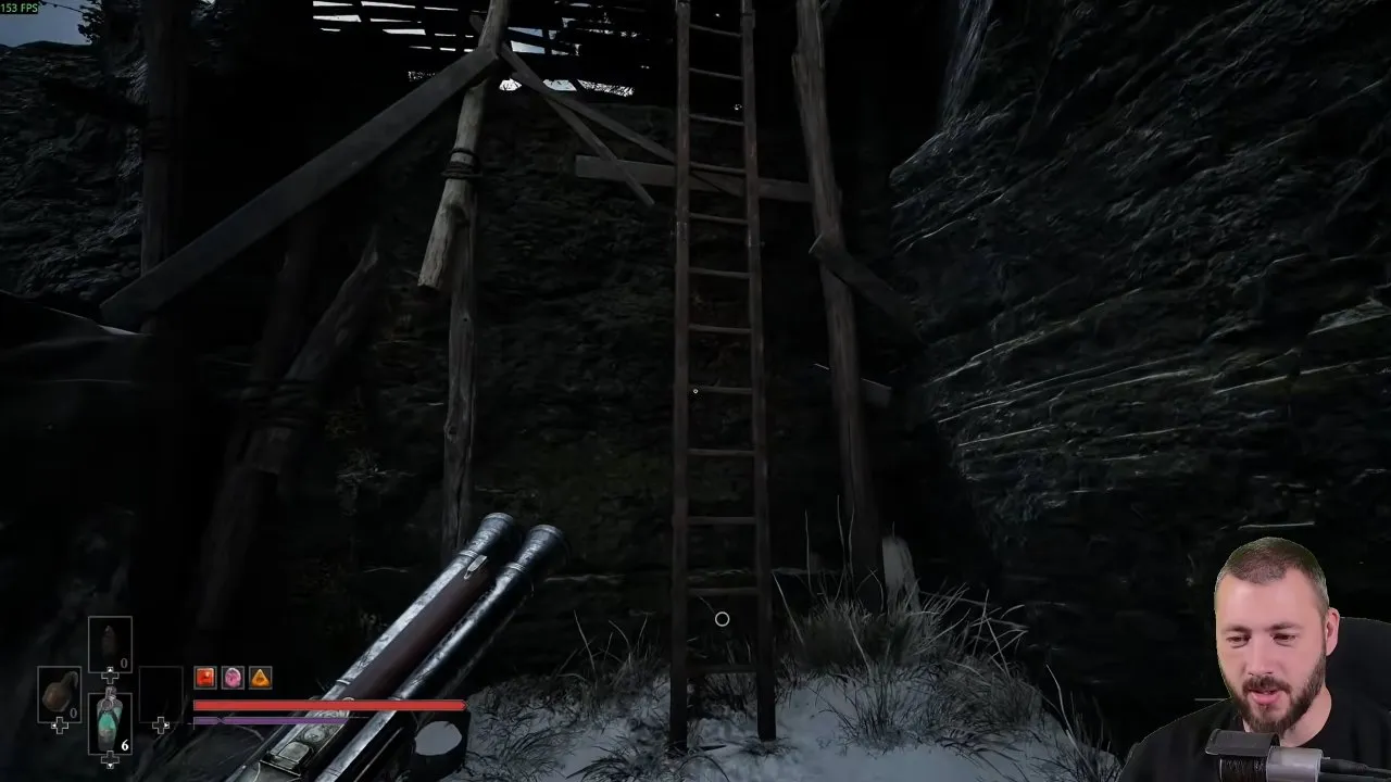 Valor Mortis ambers wooden ladder beside the military camp stonework