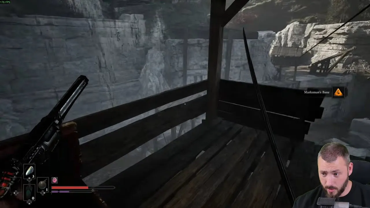 Valor Mortis ambers Marksman's Bane pickup in a wooden lookout above stone ruins