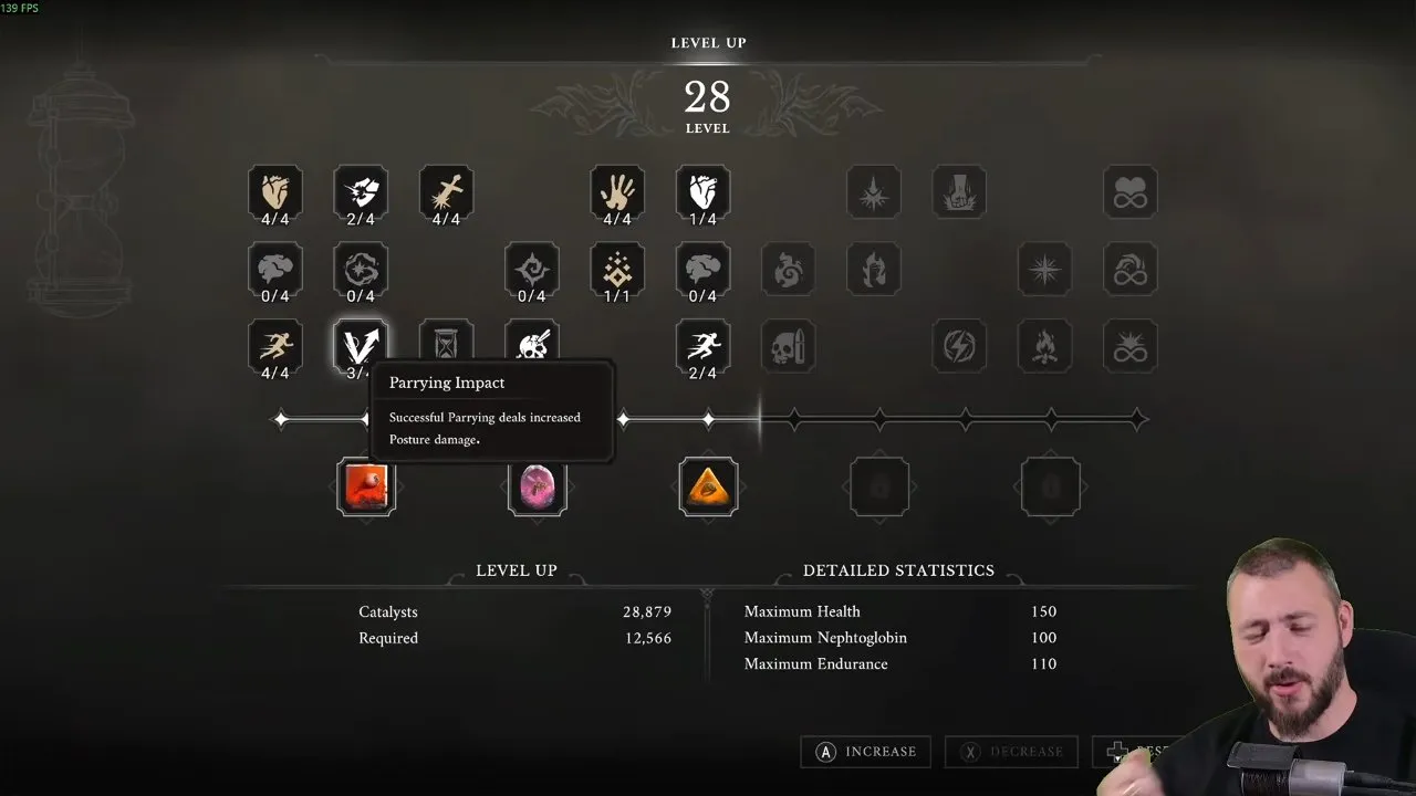 Valor Mortis parry Parrying Impact upgrade selected in the Level Up skill tree