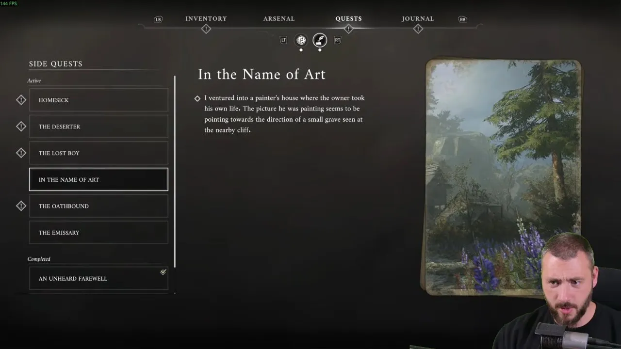 Valor Mortis side quests In the Name of Art journal entry about the painting and the cliff grave