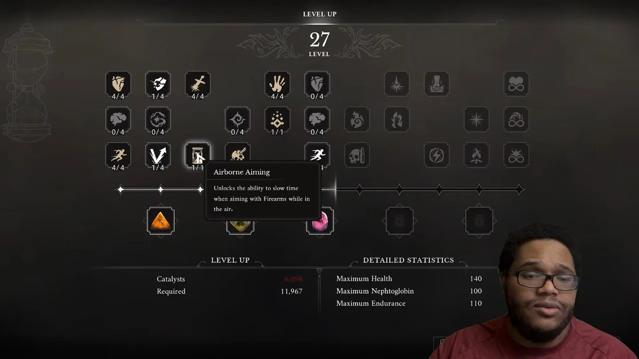 Valor Mortis skill tree Airborne Aiming tooltip describing slowed time while aiming firearms in the air