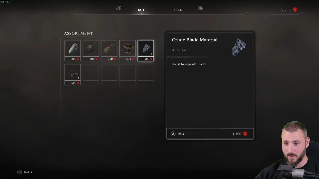Valor Mortis weapon upgrades buying Crude Blade Material at the hub