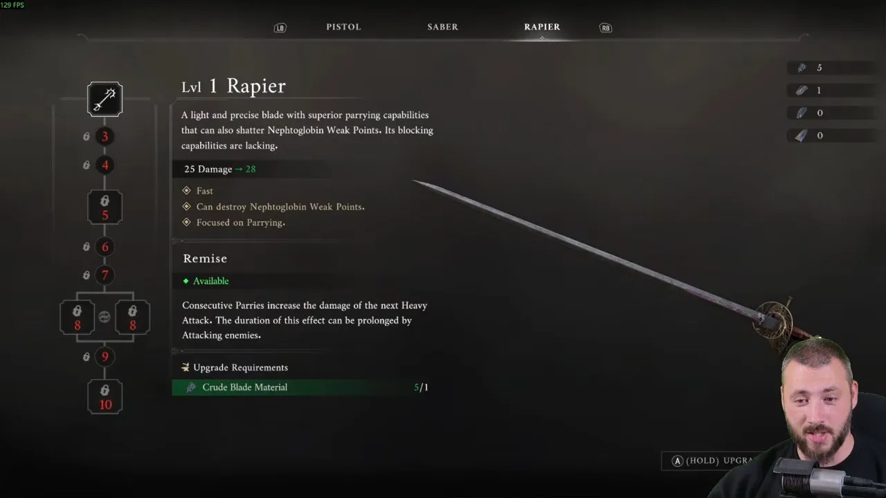 Valor Mortis weapon upgrades Rapier Remise effect and Crude Blade Material requirement